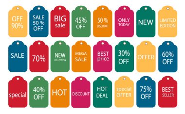 Çıkartma seti, satış rozeti, fiyat etiketi, ticari etiketler. Özel tasarım unsurları. İndirimli fiyatlar 10, 20, 30, 40, 50, 60, 70, 80, 90. Yıldızlı amblemler, çağrılar.