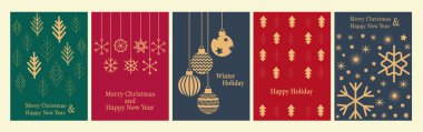 Mutlu Noeller ve mutlu yıllar tebrik kartları, afişler, posterler, tatil geçmişleri. Reklam, satış, baskı ve selamlama için basit geometrik tarzda modern Noel tasarımı