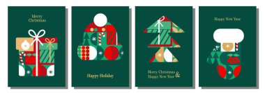 Noel kartı şablonları. Soyut modern geometrik tarzda Noel simgeleri ve elementleri. Kışlık kartlar ve posterler. Noel Baba, Noel balosu, Noel ağacı ve Noel çorabı Bauhaus tarzında..