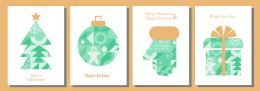 Noel kartı şablonları. Soyut modern geometrik tarzda Noel simgeleri ve elementleri. Kışlık kartlar ve posterler. Noel Baba, Noel balosu, Noel ağacı ve Noel çorabı Bauhaus tarzında..