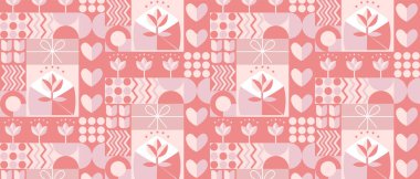 Sevgililer Günü soyut geometrik kusursuz deseni Bauhaus tarzında. Mozaik minimalist arkaplan, pankart, basit şekilli şablon, kalpler, çiçek, yıldızlar.