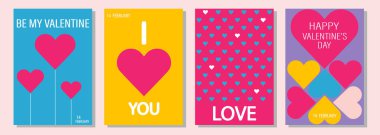 Sevgililer Gününüz kutlu olsun. Modern düz tasarım, geometrik ikonlar, kalpler, çiçekler. Mozaik minimalist arkaplan, pankart, basit şekilli şablon.