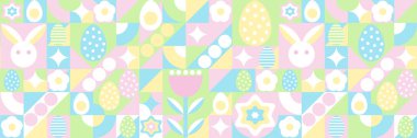 Paskalya deseni. Çizgide soyut geometrik arkaplan ve minimalist tasarım. Yumurtalar, bahar çiçekleri ve süslemeler. Poster, kartpostal, hatıra defteri, çıkartma. Vektör.