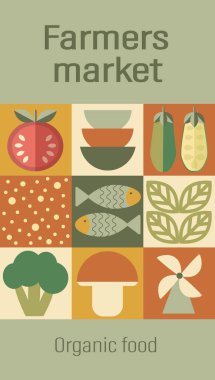 Çiftlik Gıda ve Organik Pazar Posterleri, Sanatçı. Sebze soyut geometrik desen. Mozaik İskandinav geçmişi. Bauhaus tarzında tarım ve tarım geçmişi.