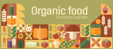 Çiftlik Gıda ve Organik Pazar Posterleri, Sanatçı. Sebze soyut geometrik desen. Mozaik İskandinav geçmişi. Bauhaus tarzında tarım ve tarım geçmişi.