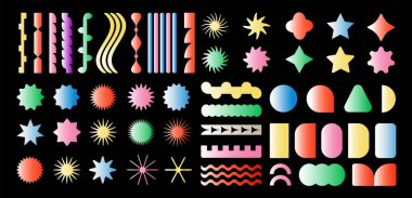 Moda vektör vahşiliği renkli Y2K şekilleri. Bauhaus tarzında asgari soyut geometrik elementler.