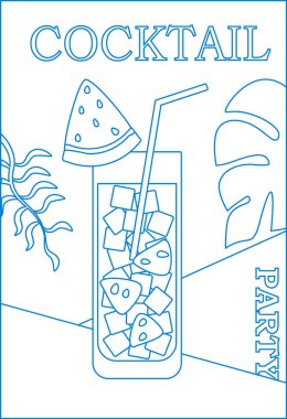 Bardakta meyveli kokteyl. Yaz partisi, kokteyl, gece kulübü. Düz posterler, etiketler. Mavi ve beyaz çizgilerin deseni.