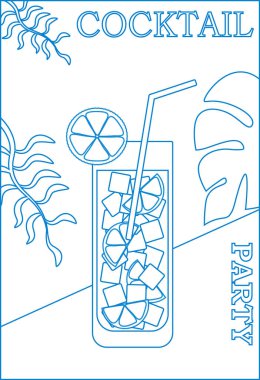 Bardakta meyveli kokteyl. Yaz partisi, kokteyl, gece kulübü. Düz posterler, etiketler. Mavi ve beyaz çizgilerin deseni.