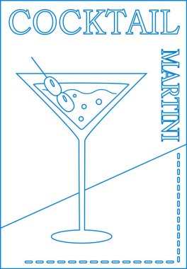 Zeytinli martini kokteyli. Yaz partisi, kokteyl, gece kulübü. Düz posterler, etiketler. El çizimi desen mavi ve beyaz.