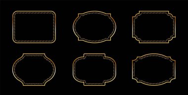 Eski çerçeveler siyah arkaplanda izole edildi. Dekoratif altın çerçeveli. Düğün davetiyeleri, tebrik kartları, baskılar için süslü çerçeveler..