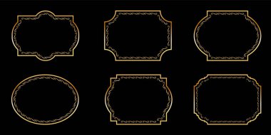 Eski çerçeveler siyah arkaplanda izole edildi. Dekoratif altın çerçeveli. Düğün davetiyeleri, tebrik kartları, baskılar için süslü çerçeveler..