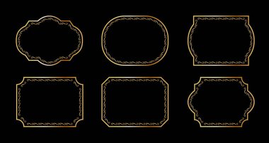 Eski çerçeveler siyah arkaplanda izole edildi. Dekoratif altın çerçeveli. Düğün davetiyeleri, tebrik kartları, baskılar için süslü çerçeveler..