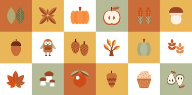 Sonbahar geometrik mozaik arka plan bauhaus deseni. Modern figür, şekil ve sonbahar elementleri. İskandinav. Tasarım için minimalist elementler, çağdaş doğal organik hasat.