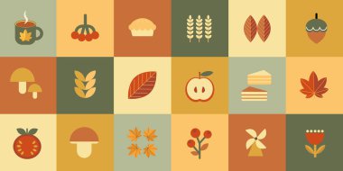 Sonbahar geometrik mozaik arka plan bauhaus deseni. Modern figür, şekil ve sonbahar elementleri. İskandinav. Tasarım için minimalist elementler, çağdaş doğal organik hasat.