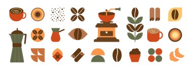 Kahve ikonu. Geometrik kahve ve çay deseni minimalist tarzda. Kahve dükkanı, yiyecek ambalajı, kafe duvarı, menü için basit şekillere sahip soyut baskı arka planı.