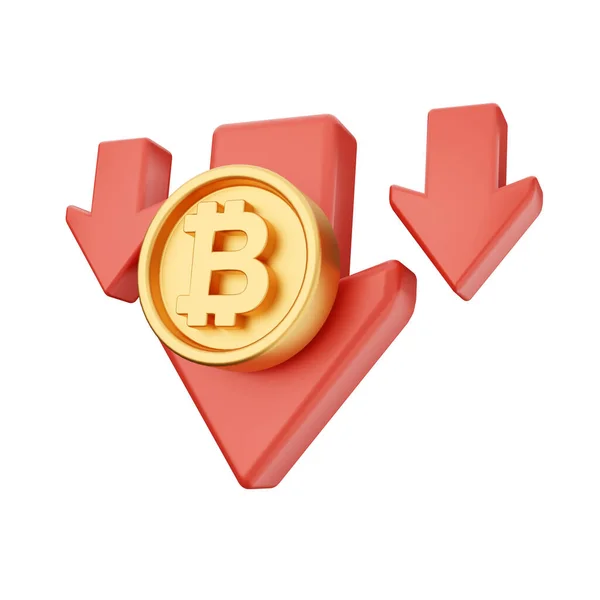 Símbolo Bitcoin Dourado Seta Vermelha Fundo Branco Renderização — Fotografia de Stock