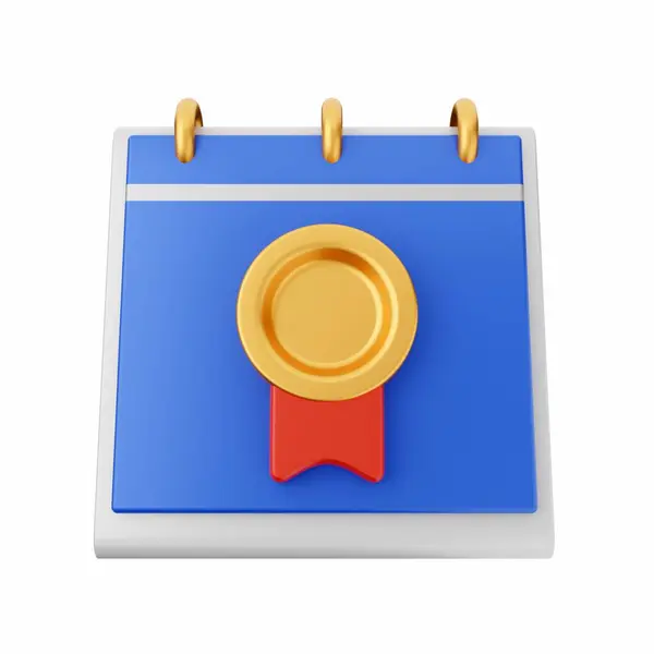 金色の背景に赤いリボンと金色のメダルを持つ青いトロフィーの3 Dレンダリング — ストック写真
