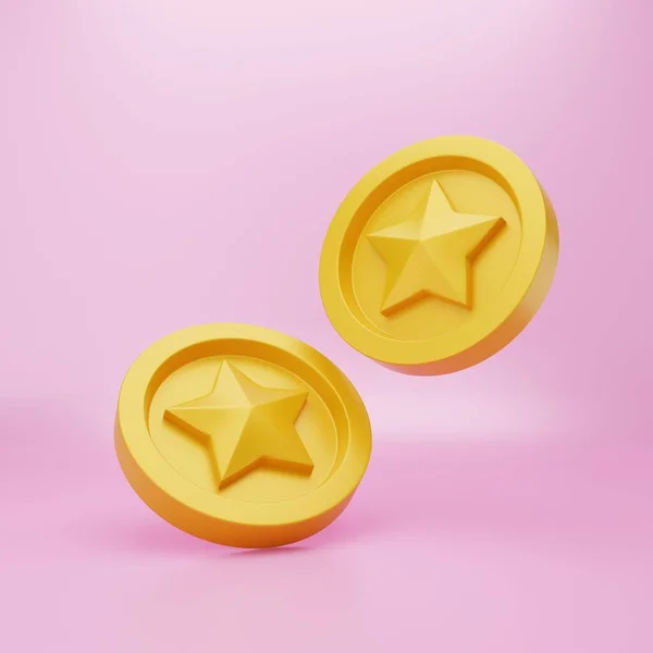 Renderização Amarelo Redondo Estrelas Ouro Com Anéis Dourados Fundo Rosa — Fotografia de Stock