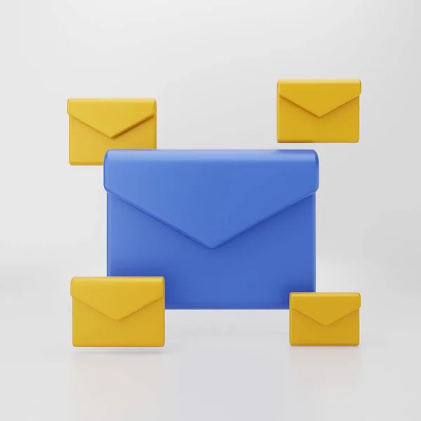 Renderização Envelopes Azuis Com Ícone Correio Fundo Amarelo Conceito Negócio — Fotografia de Stock