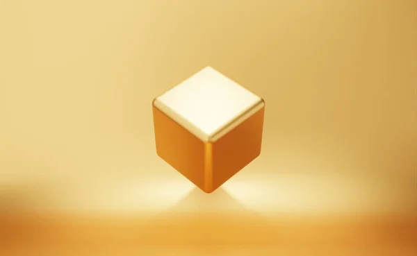 Cubo Dourado Sobre Fundo Amarelo — Fotografia de Stock