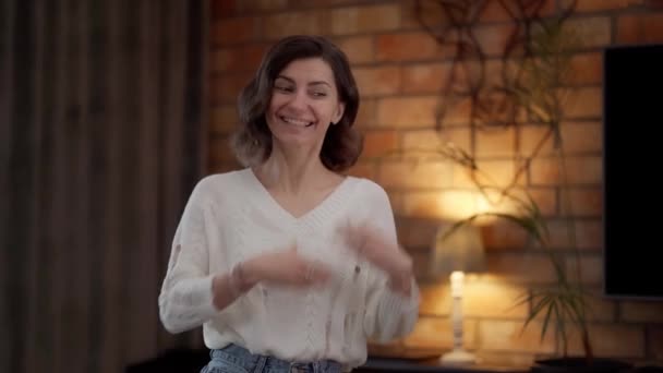 Cheerful Smiling Young Woman Looking Camera Make Gesture Her Hands — Stock Video