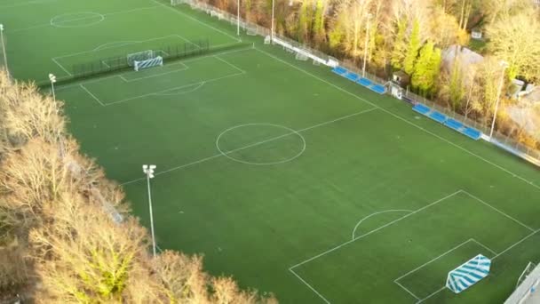 Een Klein Voetbalstadion Met Een Leeg Voetbalveld — Stockvideo