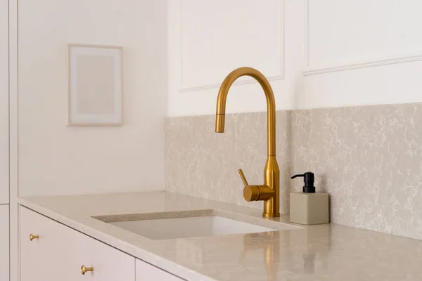 Interior Kitchen Golden Shiny Faucet Rectangular Sink Built Marble Countertop Royalty Free Stock Photos
