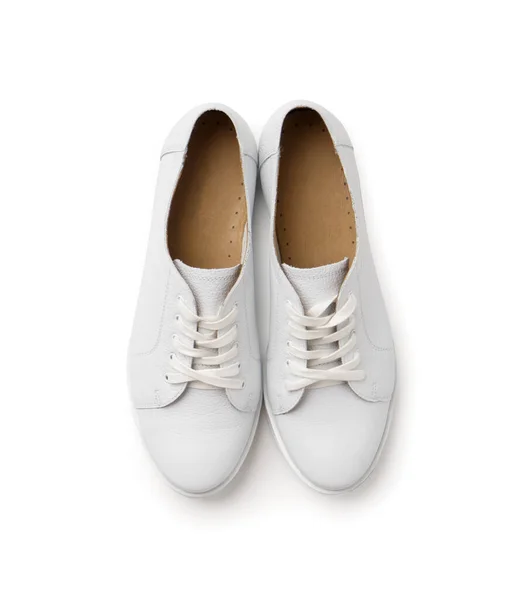 Lässige Weiße Halbjahreslederschuhe Mit Weißen Schnürsenkeln Neue Damenschuhe Auf Weißem — Stockfoto