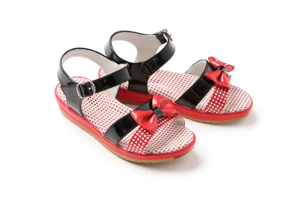 Children Red Black Elegant Leather Sandals Bow New Pair Shoes — Stock Photo, Image