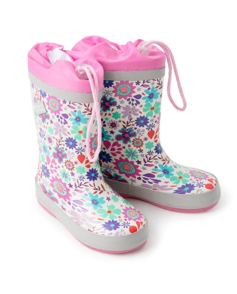 Children Waterproof White Rubber Boots Bright Floral Pattern New Pair — Stock Photo, Image