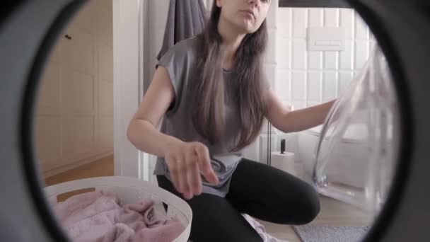 View Washing Machine Drum Woman Taking Out Clean Laundry Open — Stock Video