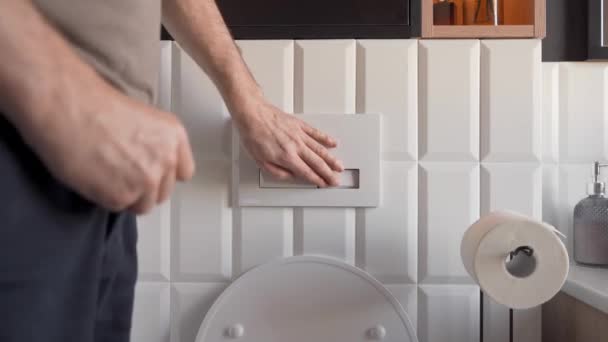 Man Zips His Pants Flushes Dual Flush Toilet Pressing Half — Stock Video