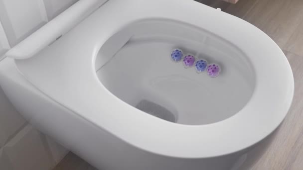 トイレの蓋を開けました トイレリム消臭器付きのトイレボウル トイレを使用するときに清潔さと衛生を維持する家庭用化学物質 現代配管 給水および下水道 — ストック動画