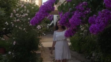 Beyaz elbiseli bir kadın, Pucisca (Puia) kıyı kasabasını keşfederken, eski taş evlerin arasına kurulmuş büyüleyici bir cadde boyunca yürüyor, sulak çiçekli bougainvillea çalılarının yanından geçiyor.).