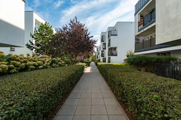 Apartman binaları olan yeni bir yerleşim yerinin peyzajlı alanı. Yeşil çitli bir yaya geçidi araziden geçiyor, rahat ve özel bir şehir ortamı yaratıyor..