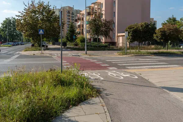Bir yaz günü Varşova 'nın yeşil yerleşim bölgesinde bisiklet yolu. Bu altyapı, modern ve yaşanabilir bir şehirde sağlıklı bir yaşam tarzını ve sürdürülebilir bir yaşamı destekliyor..