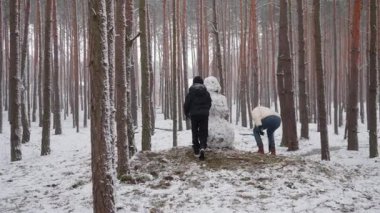 İki kardeş, kardan adamlarını süslemek için birlikte çalışırlar. Silahlar için çubuk bulup eklerler. Bu son dokunuşla eğleniyorlar, kar figürlerini güzel bir kış ormanında tamamlıyorlar..