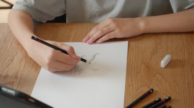 Sanatçının eli, karaktere kalemle çizilen bir resme gölge ve doku ekler. Bir illüstrasyonda hacim ve detay oluşturma süreci. Sanat okulu ödevi ya da yaratıcı bir hobi..