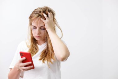 woman crying with smartphone on white background