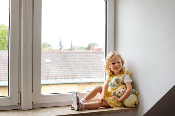 Cute Baby Home White Room Sits Window Beautiful Toddler Girl — Stock Photo, Image