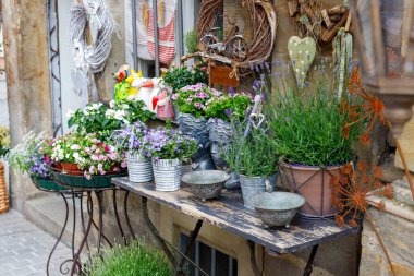 Çiçekli bir antikacıda tezgah.