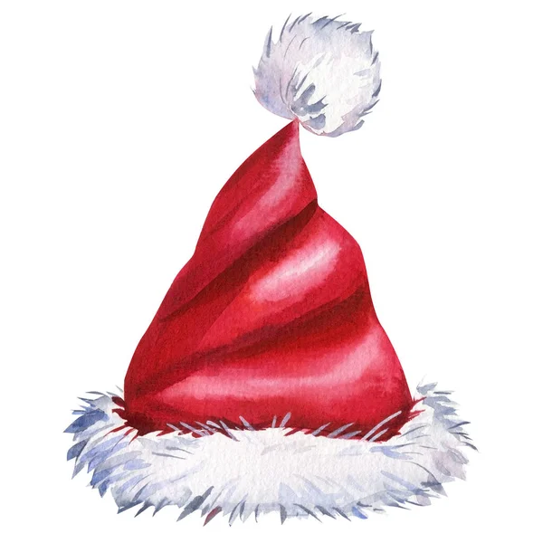 Red Santa Claus Klobouk Izolovaném Bílém Pozadí Akvarel Ilustrace Vysoce — Stock fotografie