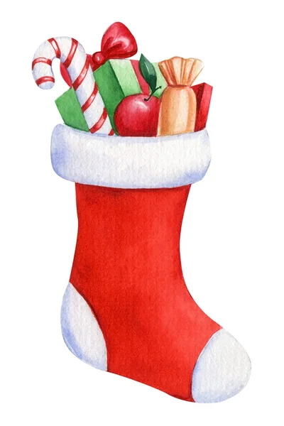 Calcetín Con Regalos Navidad Fondo Aislado Ilustración Acuarela Ilustración Alta — Foto de Stock