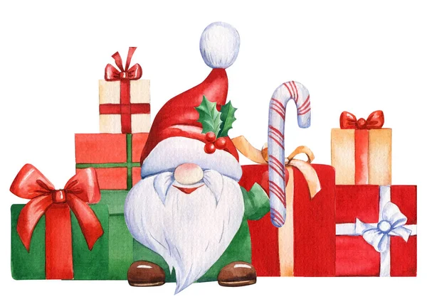 Vánoční Dárky Skřítek Lízátko Izolovaném Bílém Pozadí Akvarel Ilustrace Vysoce — Stock fotografie