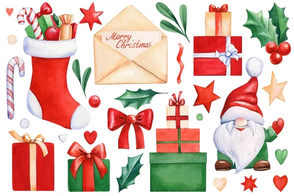 圣诞礼物 小妖精 信封里的信 棒棒糖和弓与孤立的白色背景 水彩画 高质量的例证 — 图库照片