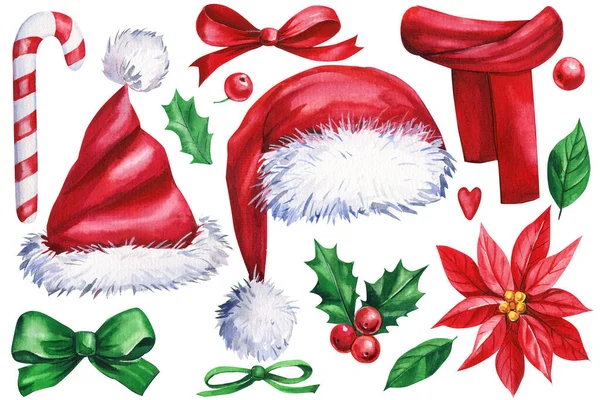Різдвяний Набір Holly Scarf Mitten Hat Santa Claus Lollipop Ізольованому — стокове фото
