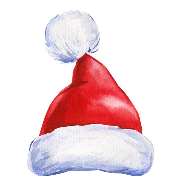 Röd Jultomte Hatt Isolerad Vit Bakgrund Akvarell Illustration Högkvalitativ Illustration — Stockfoto