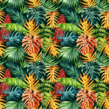 Renkli palmiye yaprakları, tropik arka plan, elle çizilmiş suluboya botanik resim. Kusursuz desen, orman duvar kâğıdı. Yüksek kaliteli illüstrasyon