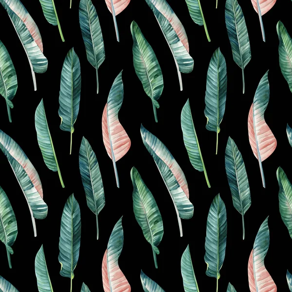 ヤシの葉 熱帯の背景 手描きの水彩植物画 Strelitzia植物 シームレスなパターン ジャングルの壁紙 高品質のイラスト — ストック写真