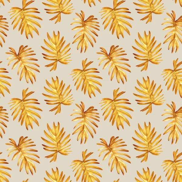 Gyllene Tropiska Palmblad Handritad Akvarell Botanisk Målning Sömlöst Mönster Djungeltapet — Stockfoto